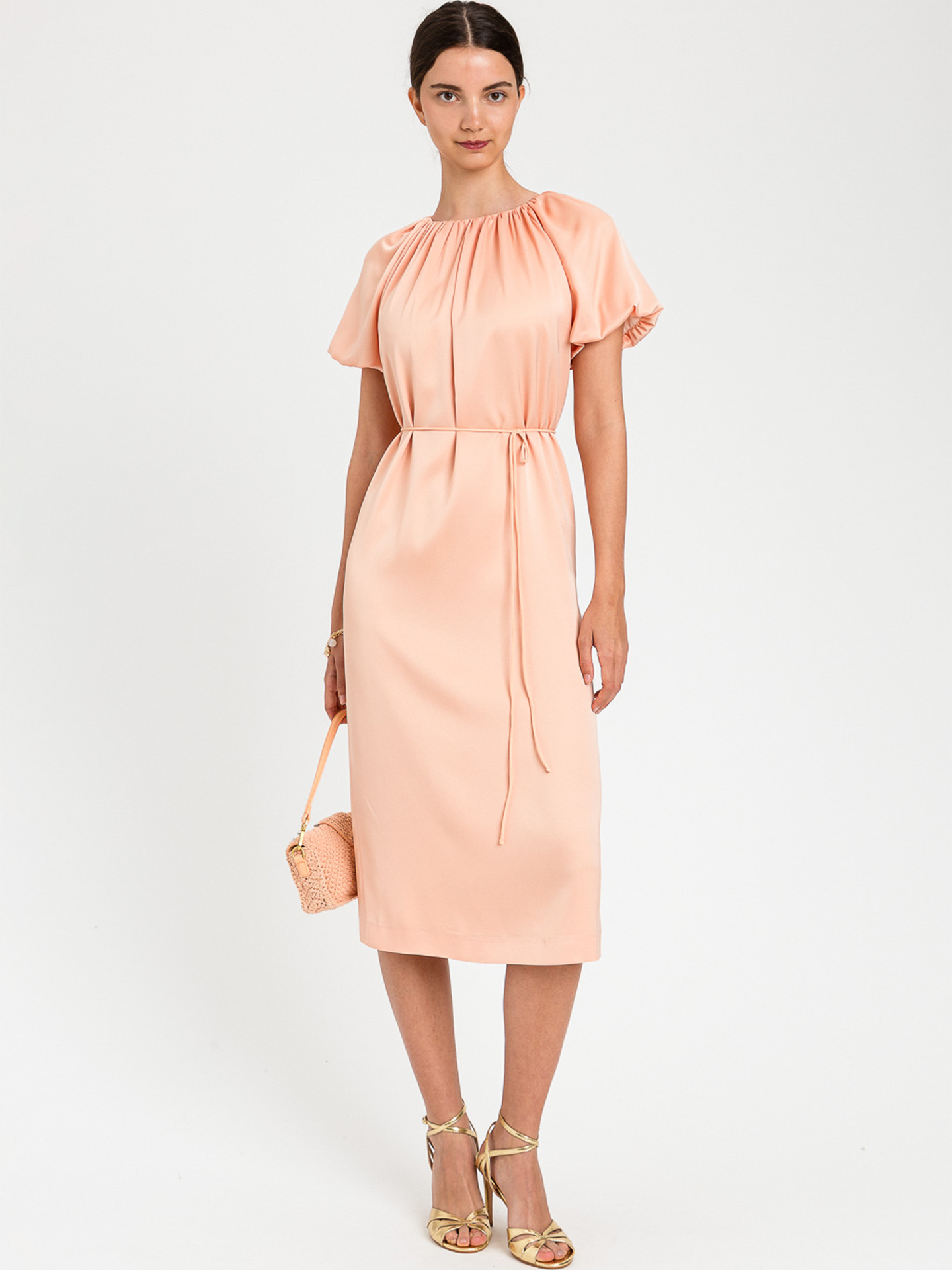 Vestido Midi com Decote Franzido