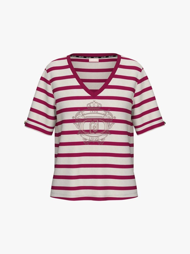 T-shirt às Riscas com Decote em V