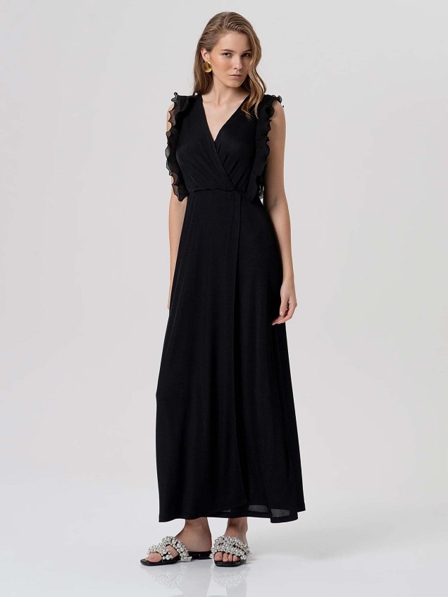 Vestido Comprido com Decote em V e Folhos