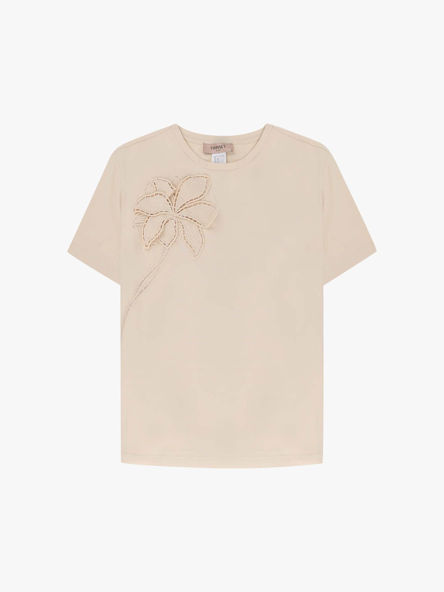 T-shirt com Aplicação de Flor Bordada