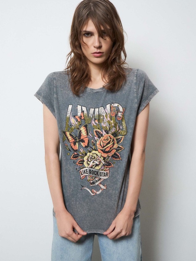 T-shirt com Estampado com Aplicações