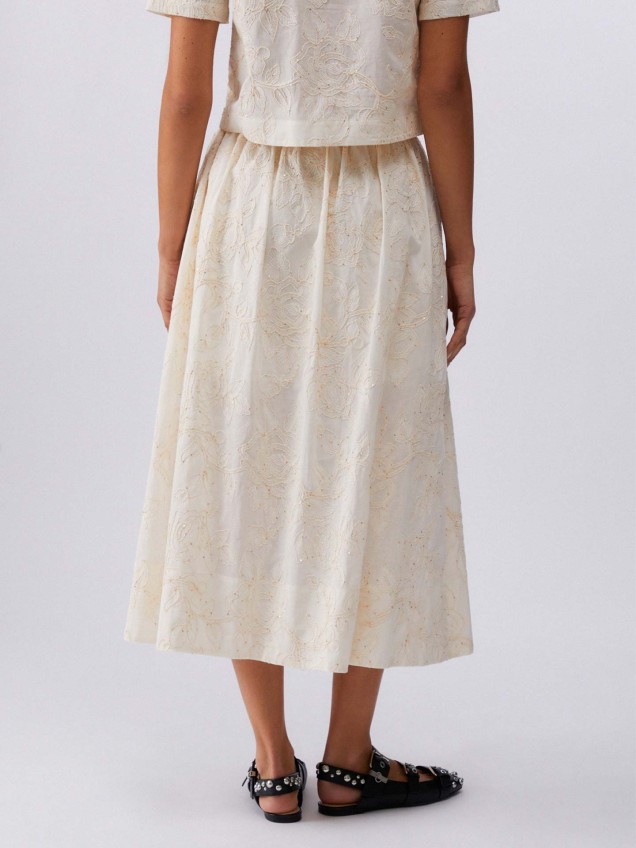 Saia Midi com Bordado Floral e Lantejoulas