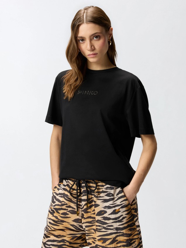 T-shirt com Log�tipo em Strass
