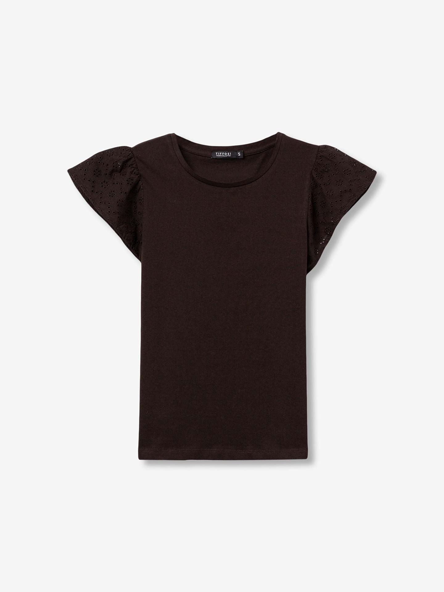 T-shirt com Manga Rendada em Folho