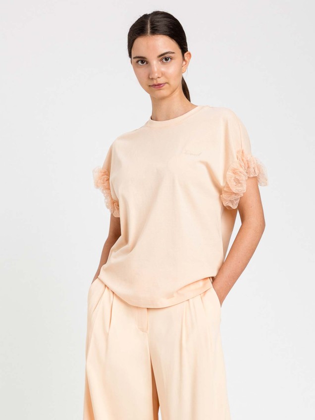 T-shirt com Folhos de Tule