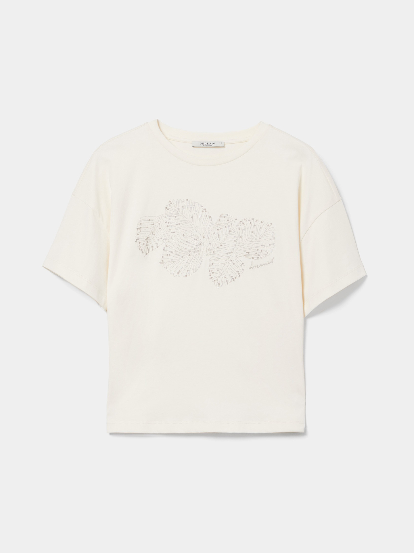 T-shirt com Bordado de Folhas e Lantejoulas
