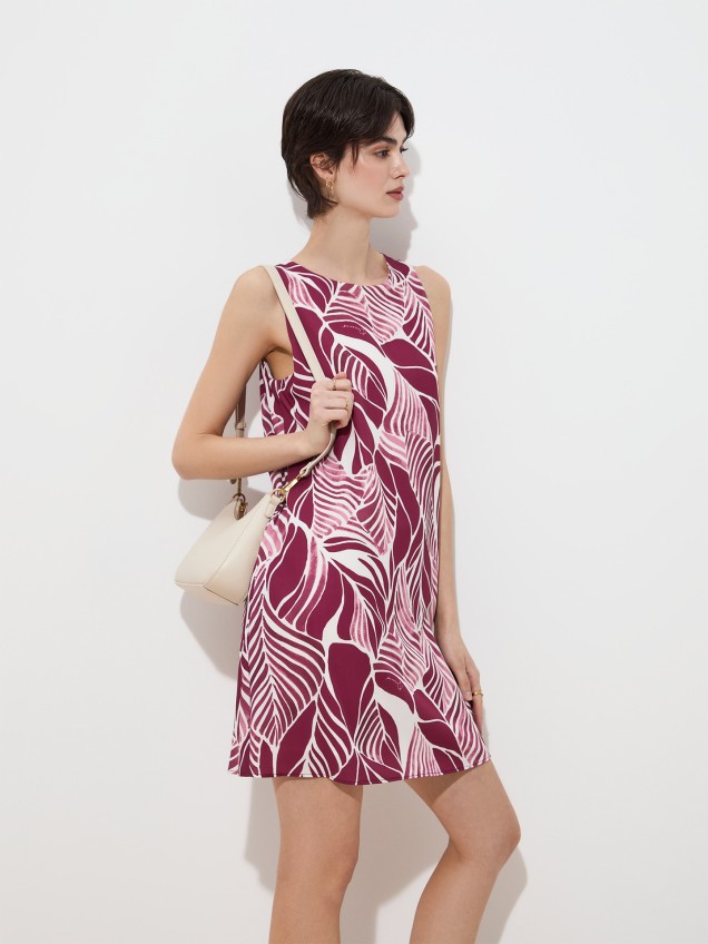 Vestido com Estampado de Folhas