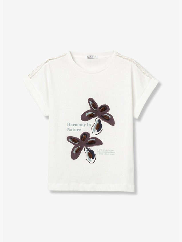 T-shirt com Estampado e Renda