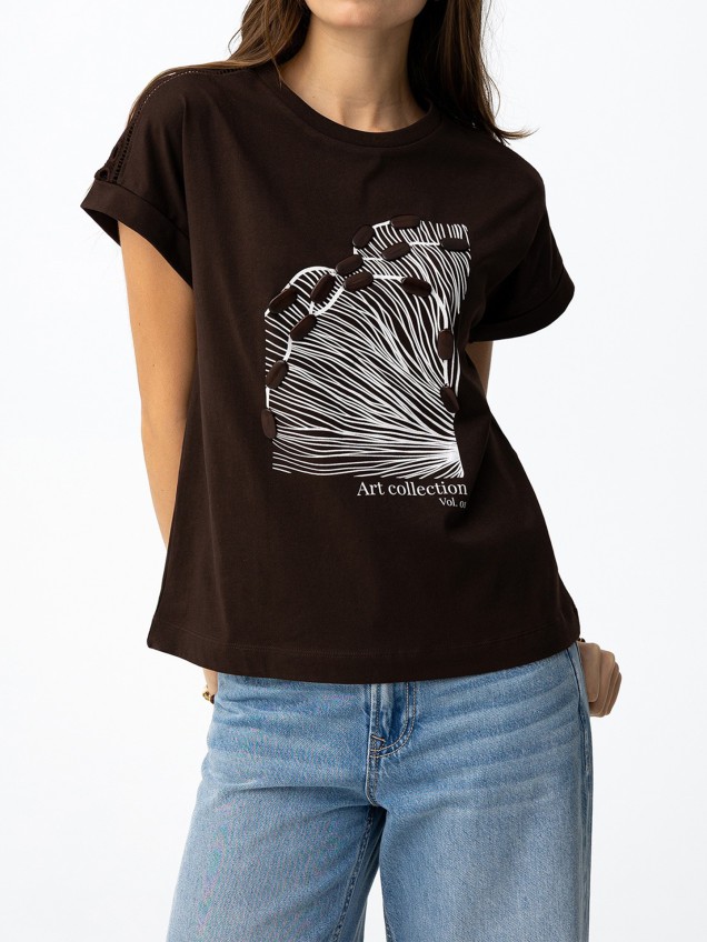 T-shirt com Estampado e Renda