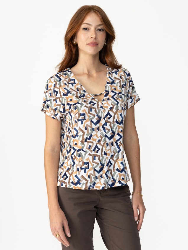 Blusa de Manga Curta com Decote em V