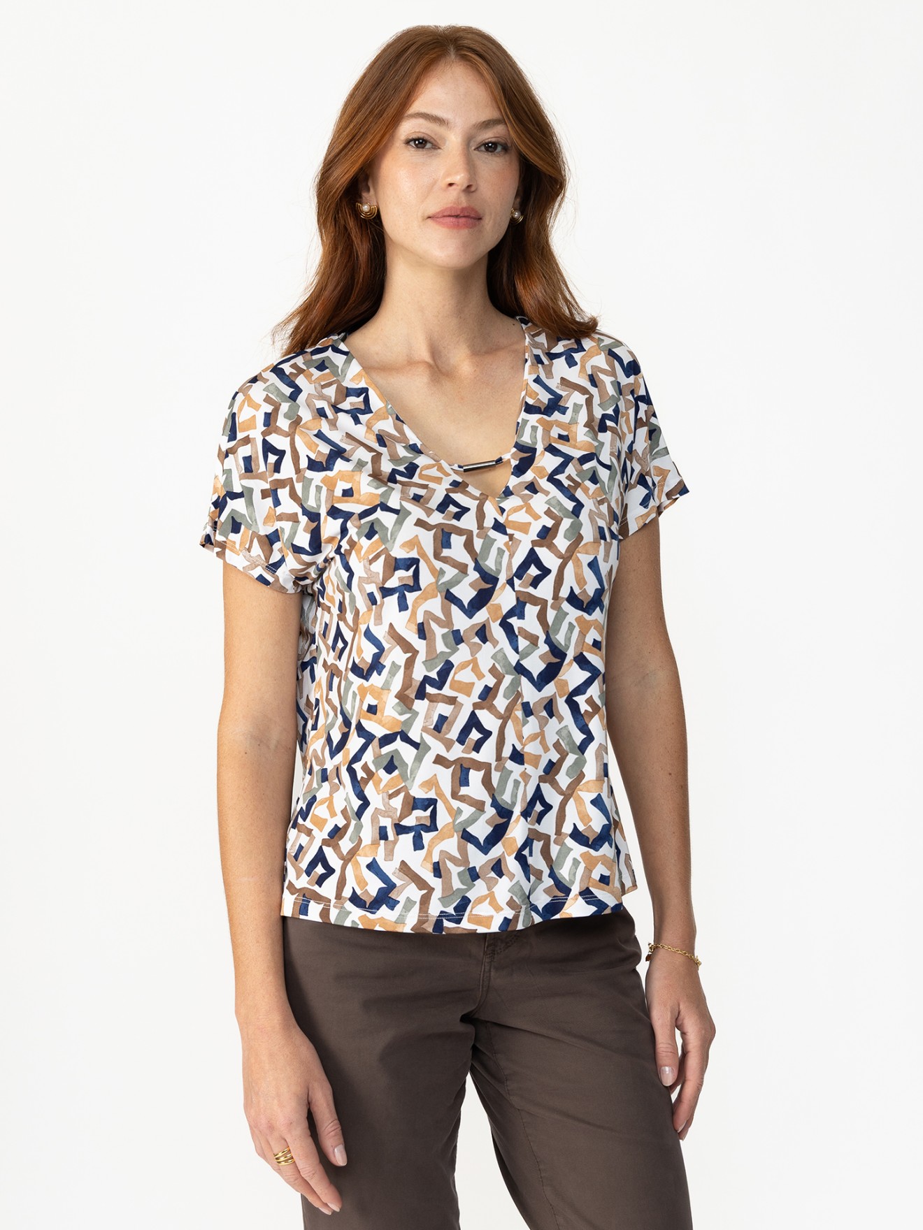 Blusa de Manga Curta com Decote em V