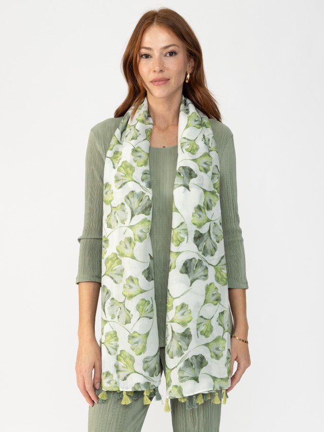 Echarpe com Estampado de Folhas