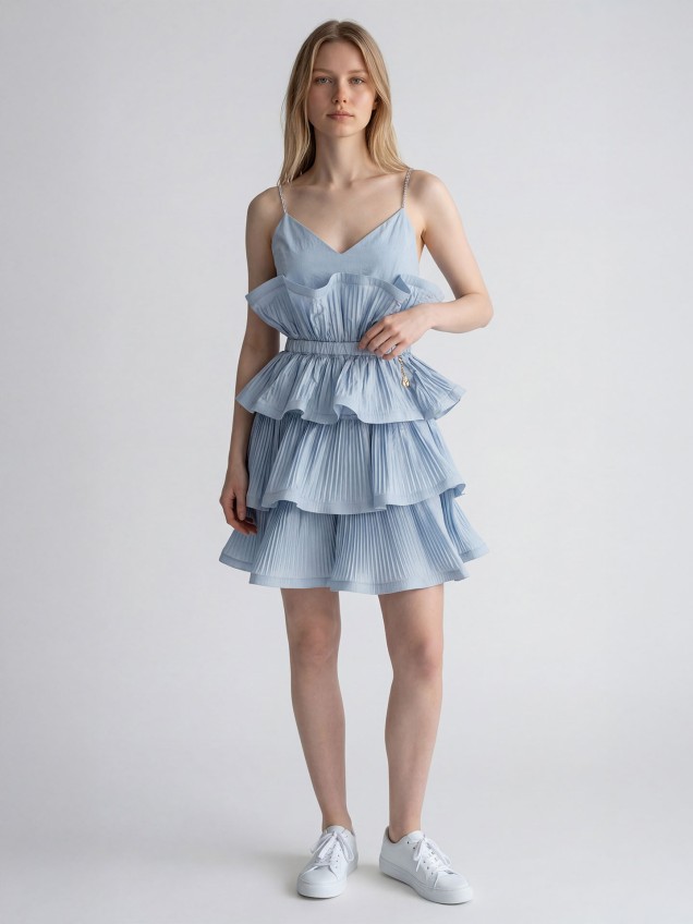 Vestido Curto Plissado com Folhos