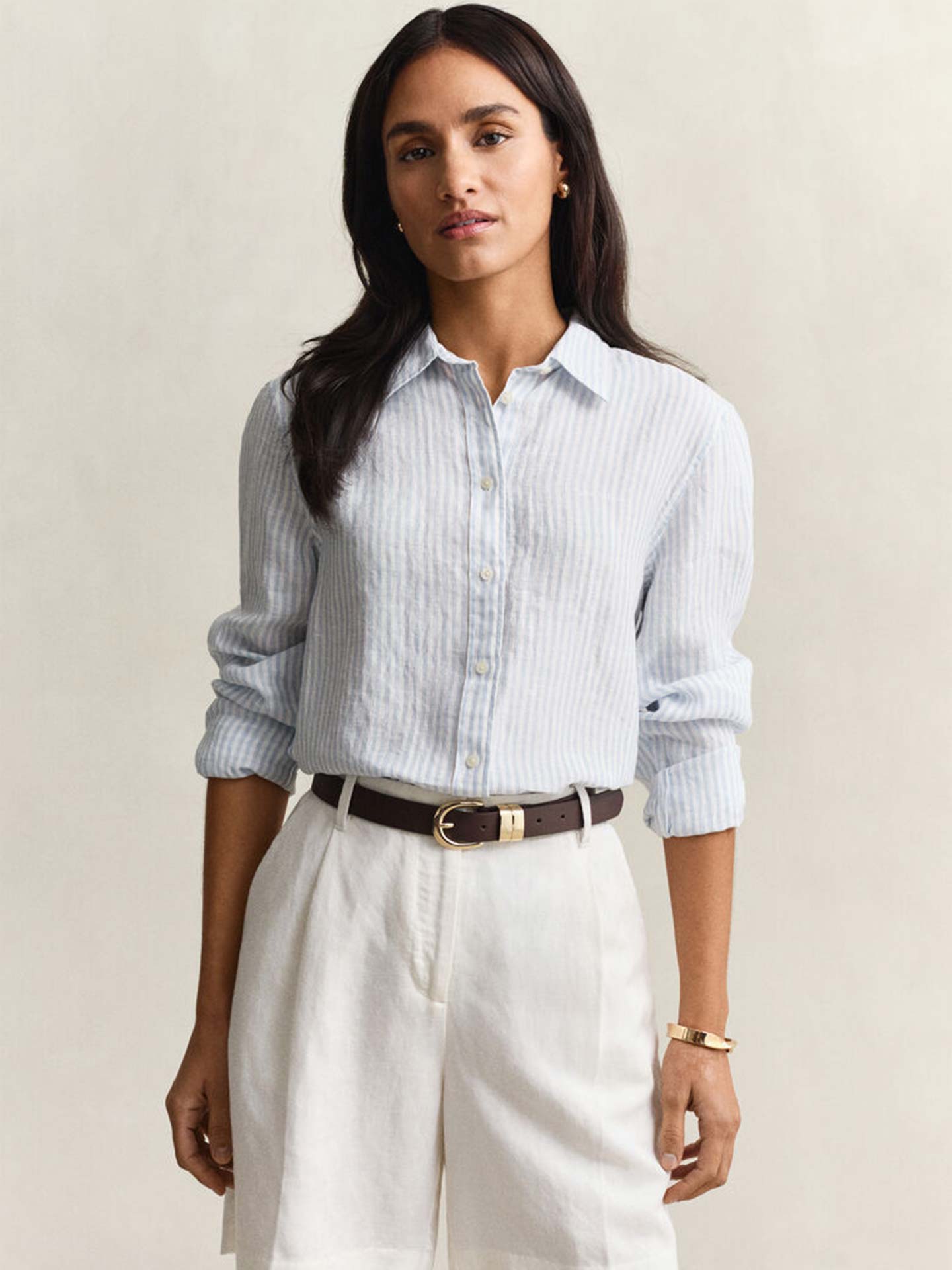 Camisa de Linho às Riscas Corte Regular