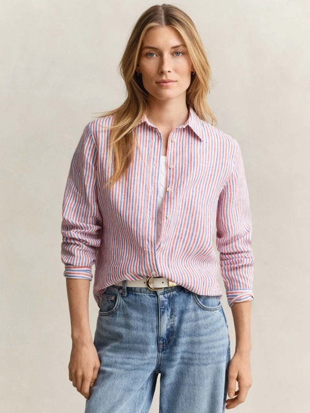 Camisa de Linho às Riscas Corte Regular