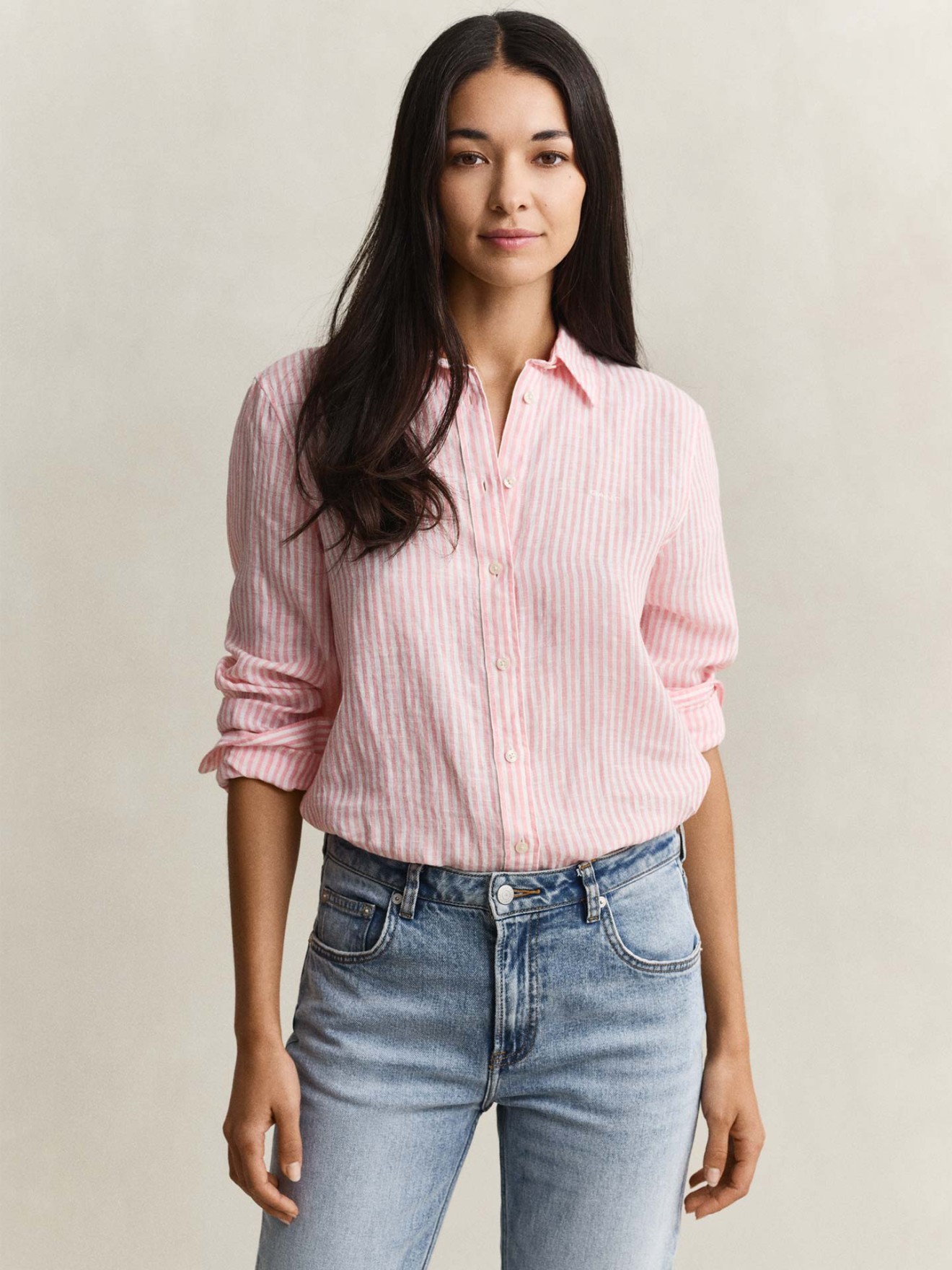 Camisa de Linho �s Riscas Corte Regular