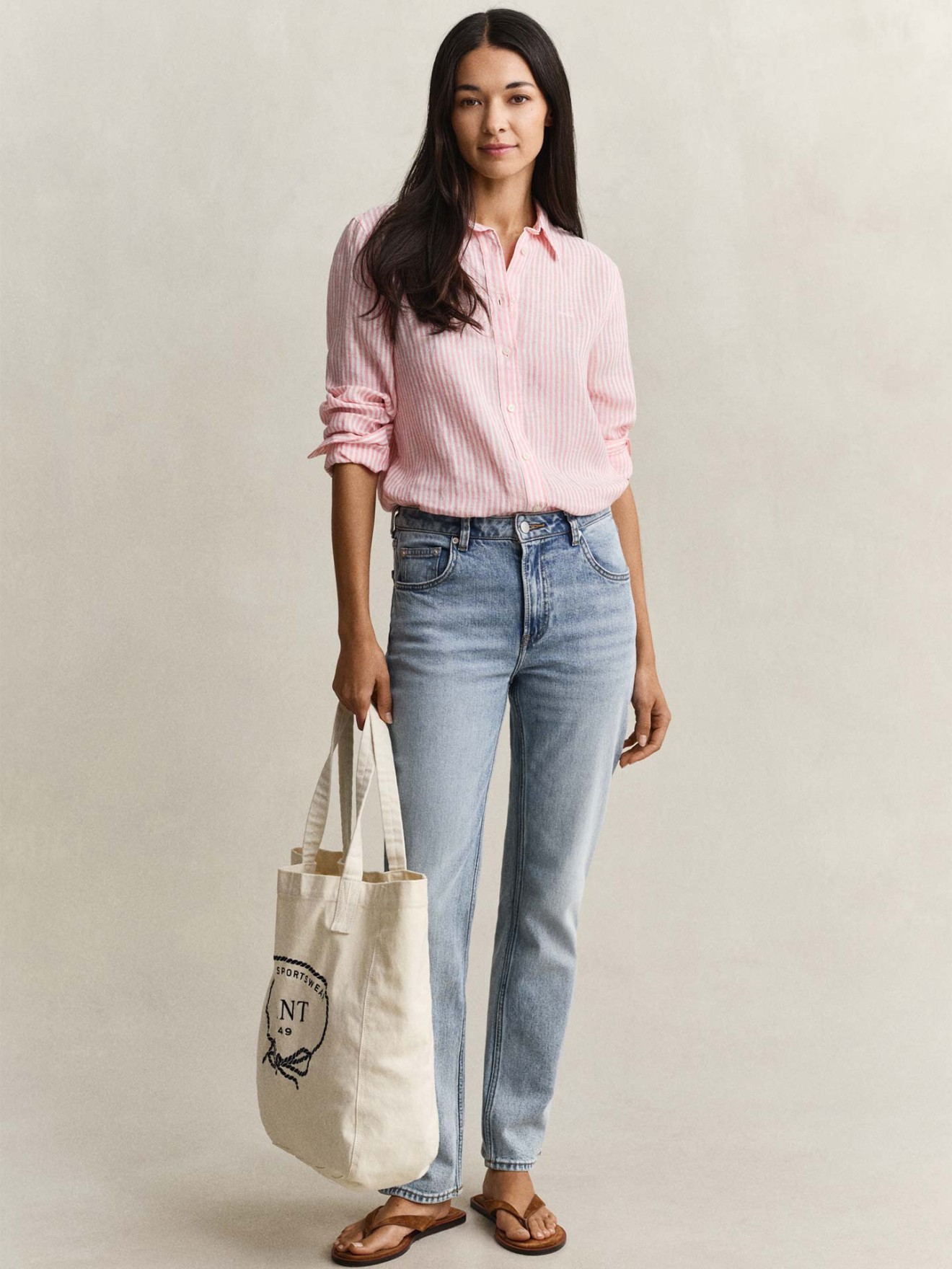 Camisa de Linho �s Riscas Corte Regular