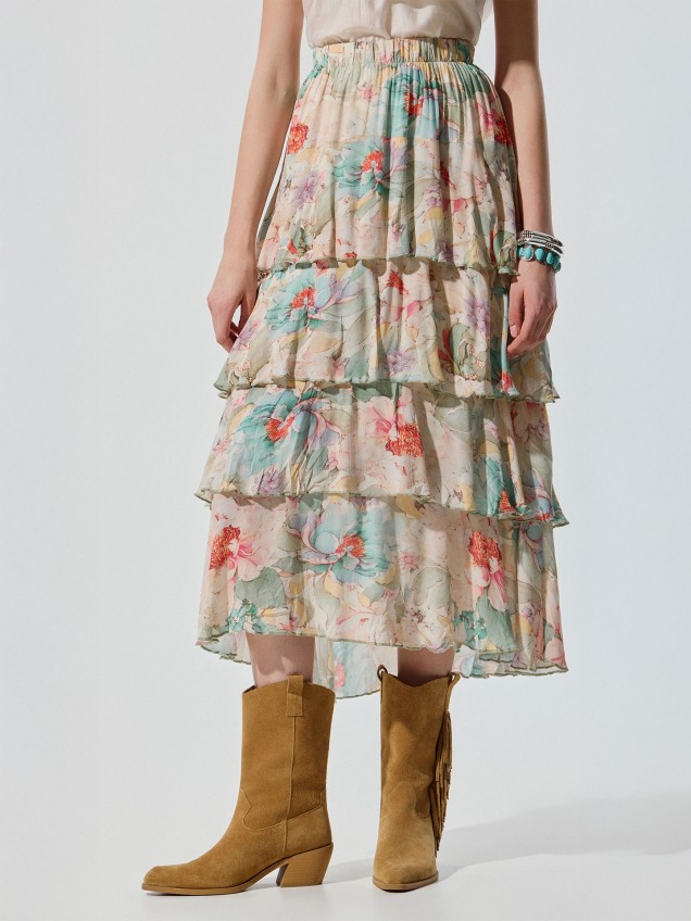 Saia Midi Floral com Folhos