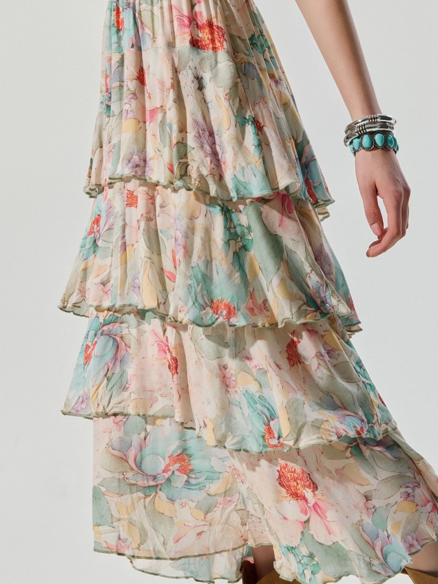 Saia Midi Floral com Folhos