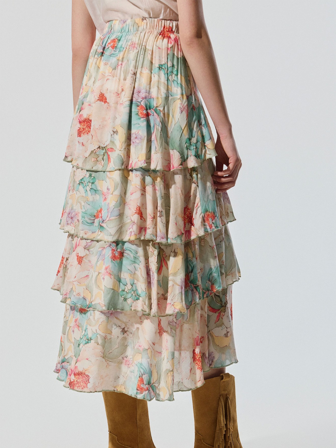 Saia Midi Floral com Folhos