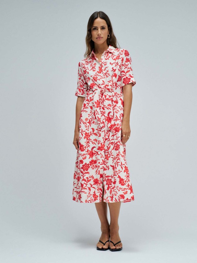 Vestido Camiseiro Midi com Padr�o Floral