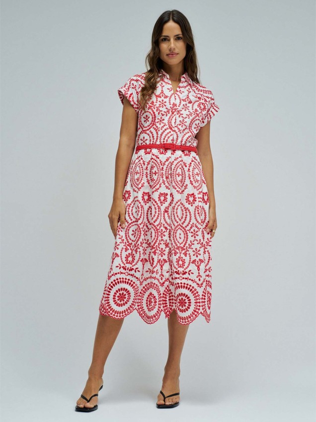 Vestido Camiseiro Midi em Bordado Ingl�s