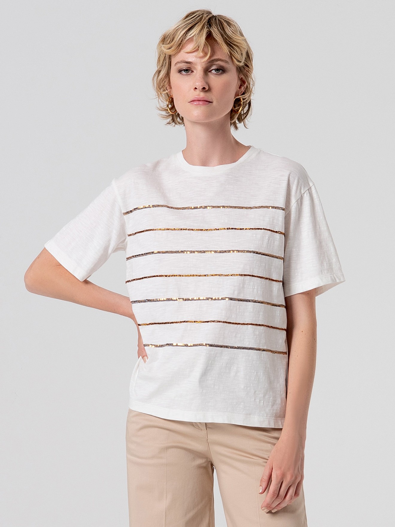 T-shirt com Riscas de Lantejoulas