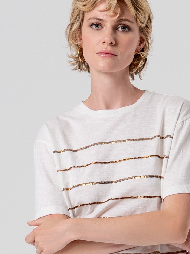 T-shirt com Riscas de Lantejoulas