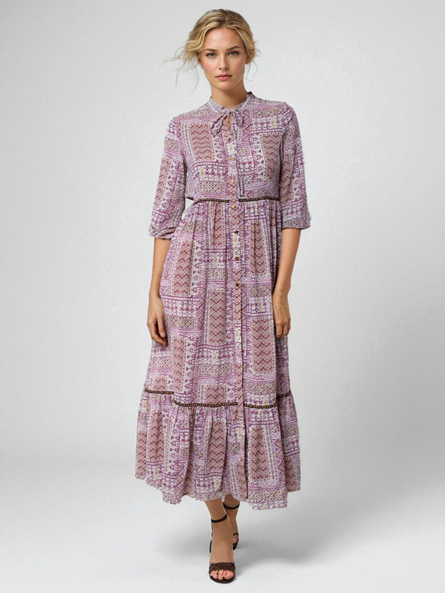 Vestido Comprido com Gola de Laçada