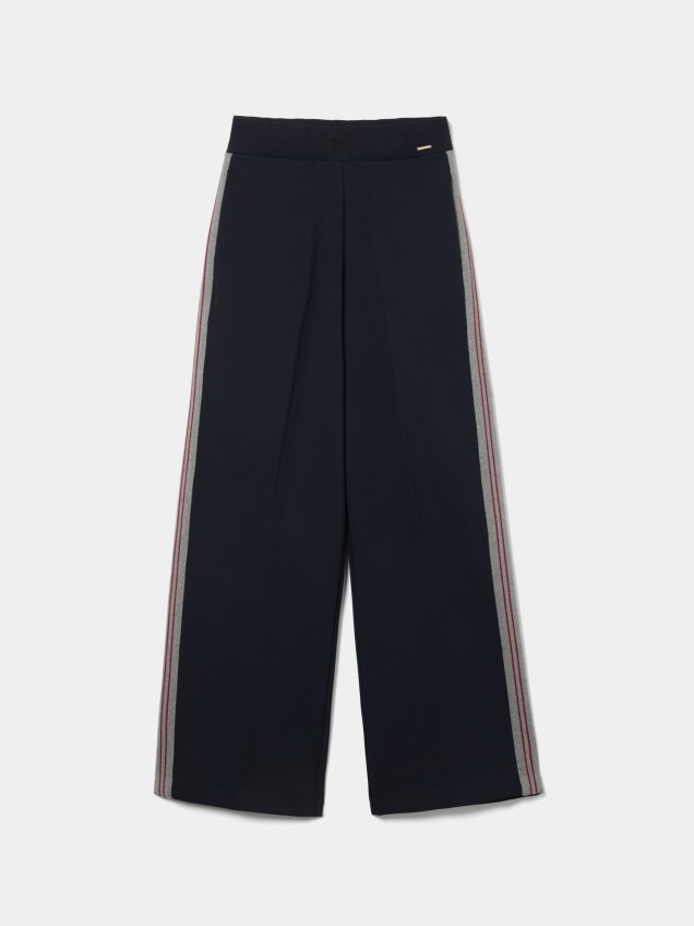Cal�as de Malha Wide Leg com Riscas Laterais