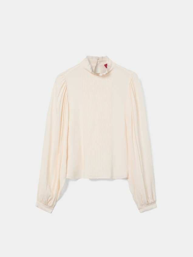 Blusa com Gola Subida e Detalhe Plissado