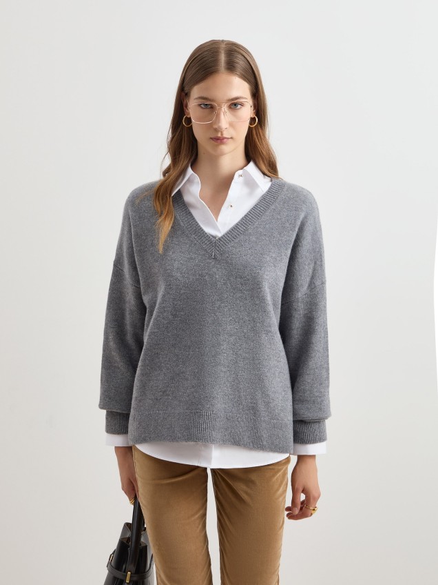 Camisola de Malha em L� com Decote em V