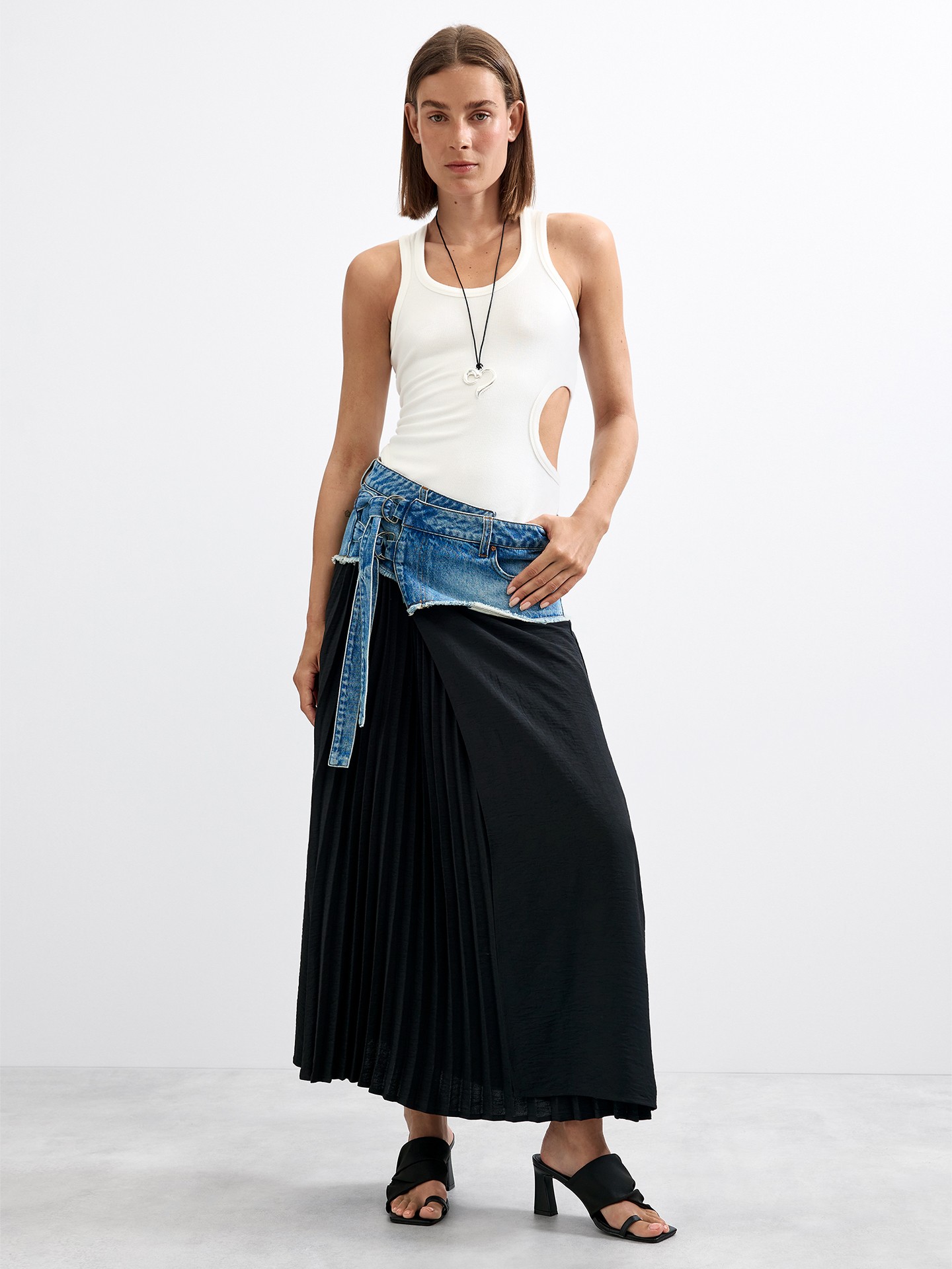 Saia Comprida Plissada com Denim