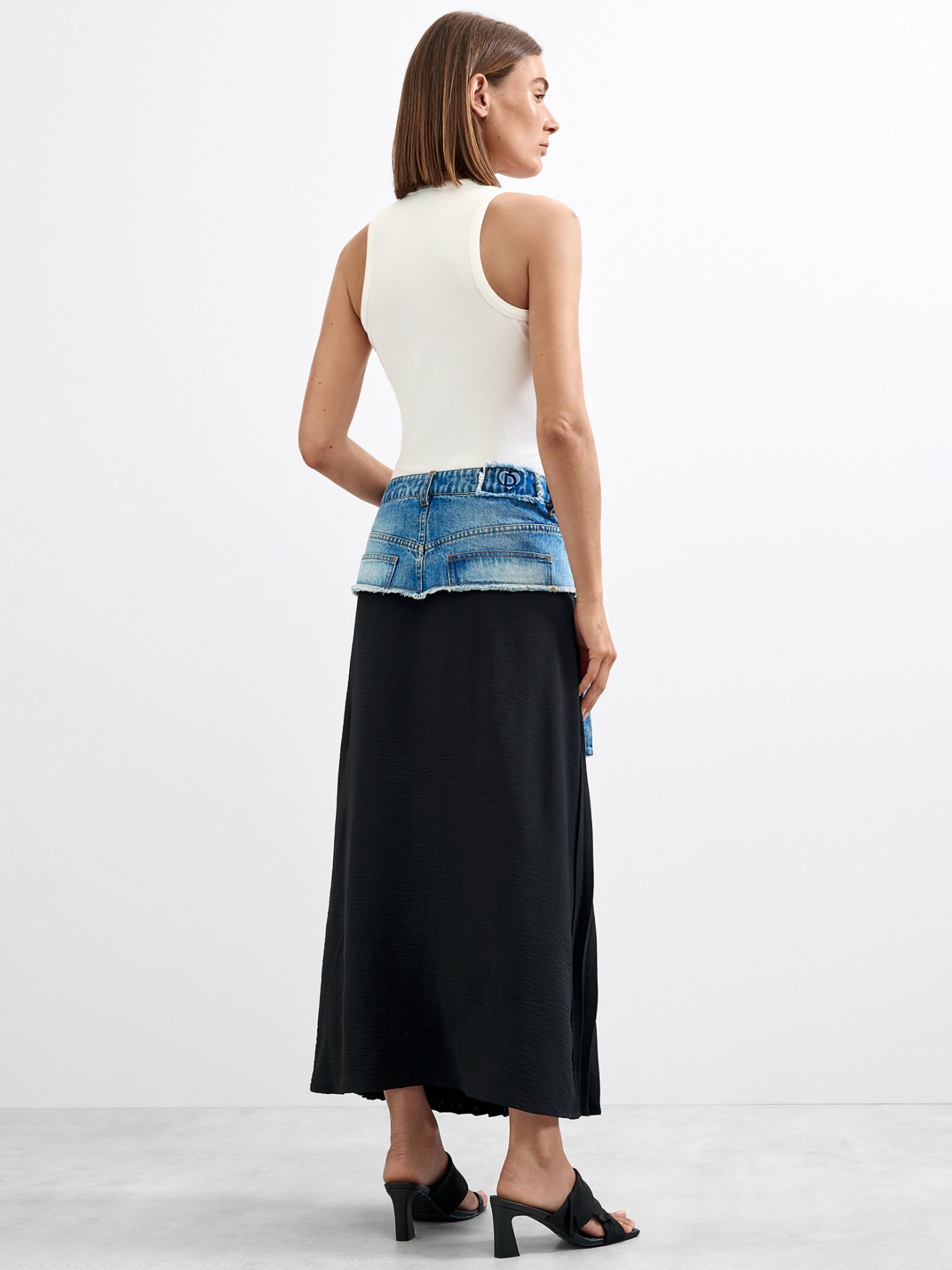 Saia Comprida Plissada com Denim
