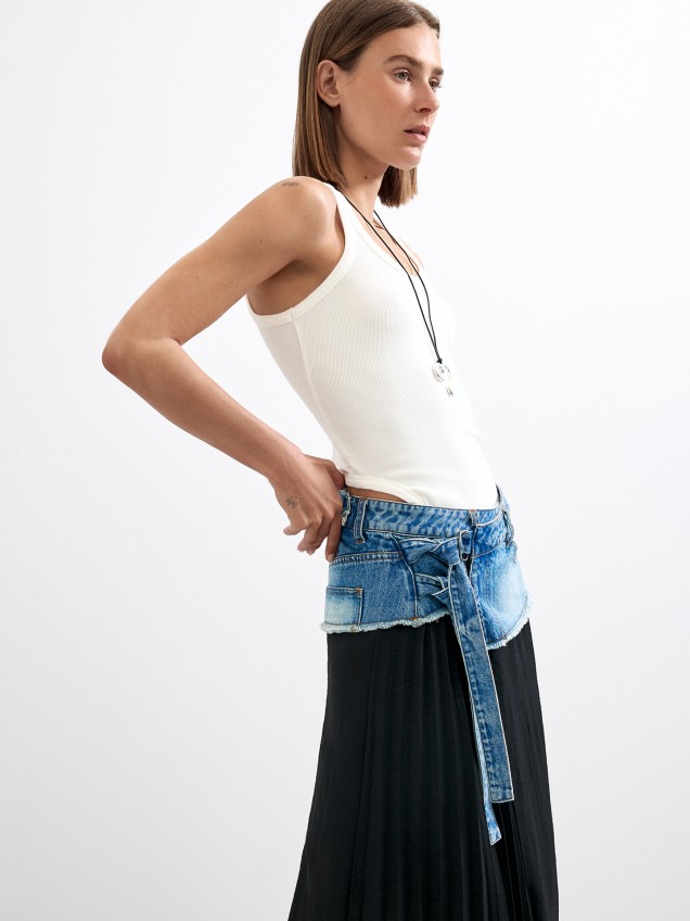Saia Comprida Plissada com Denim