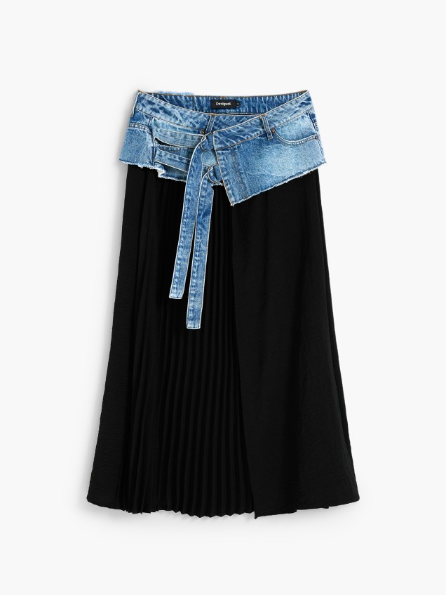 Saia Comprida Plissada com Denim