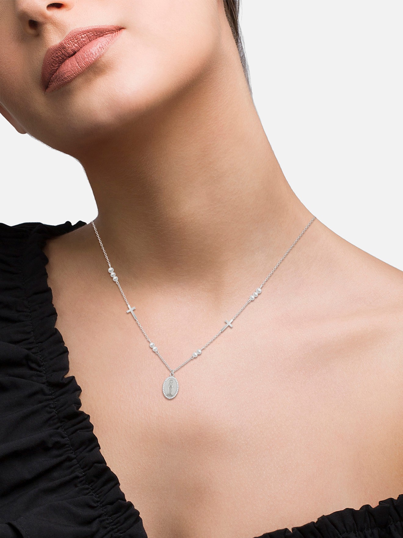 Colar Hope Medalha Nossa Senhora de Fátima com Pérolas