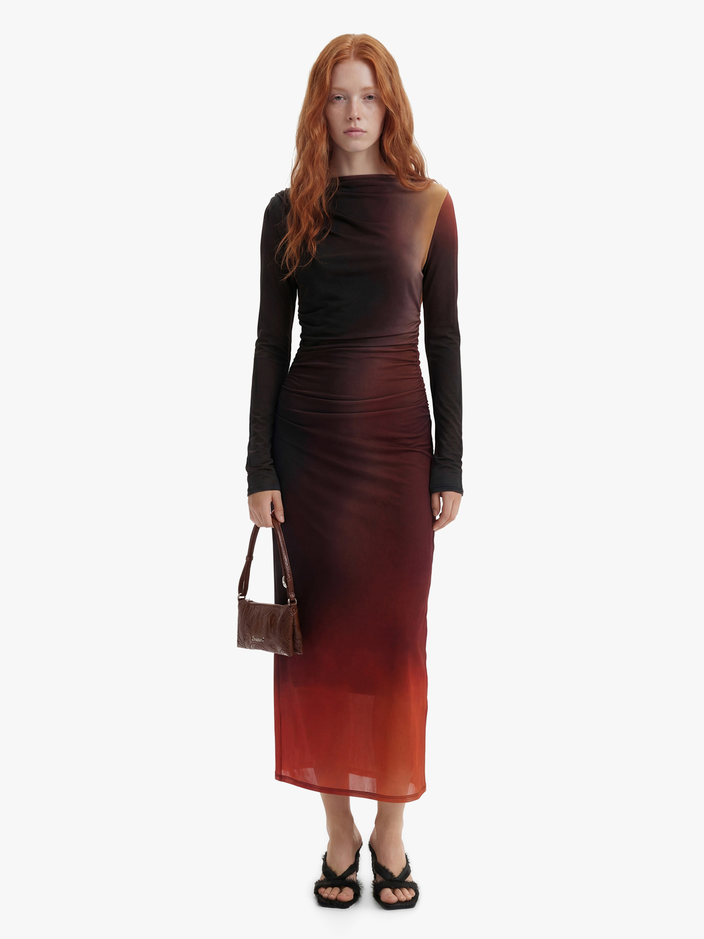 Vestido Midi Drapeado com Manga Comprida