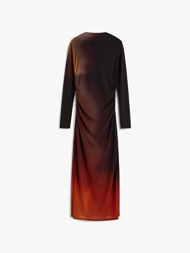 Vestido Midi Drapeado com Manga Comprida
