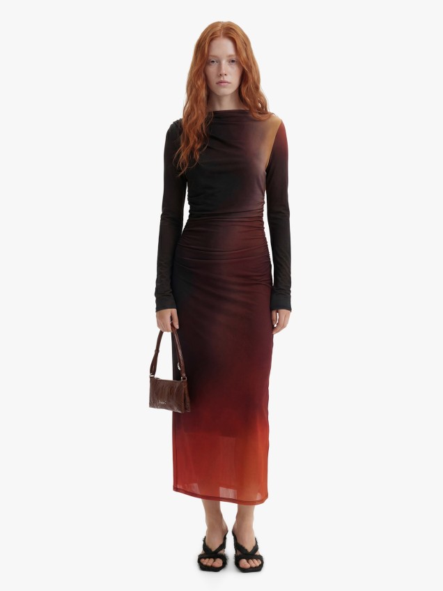 Vestido Midi Drapeado com Manga Comprida