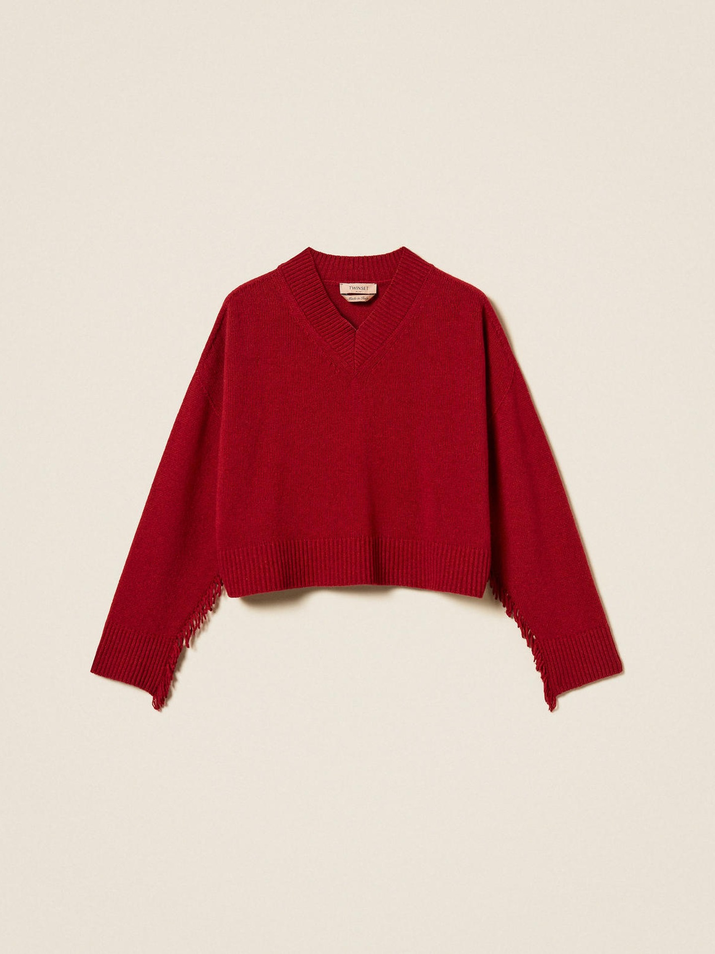 Camisola de Malha com Decote em V e Franjas