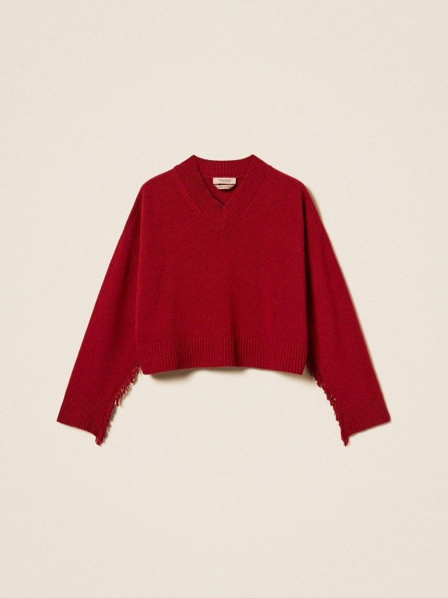 Camisola de Malha com Decote em V e Franjas