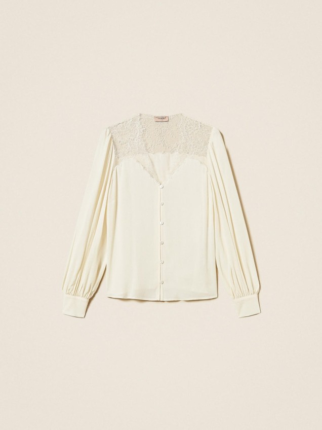 Camisa em Jacquard com Renda