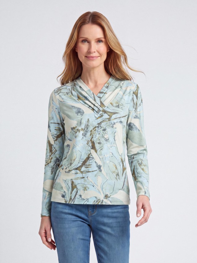 Camisola Estampada com Decote em V Cruzado