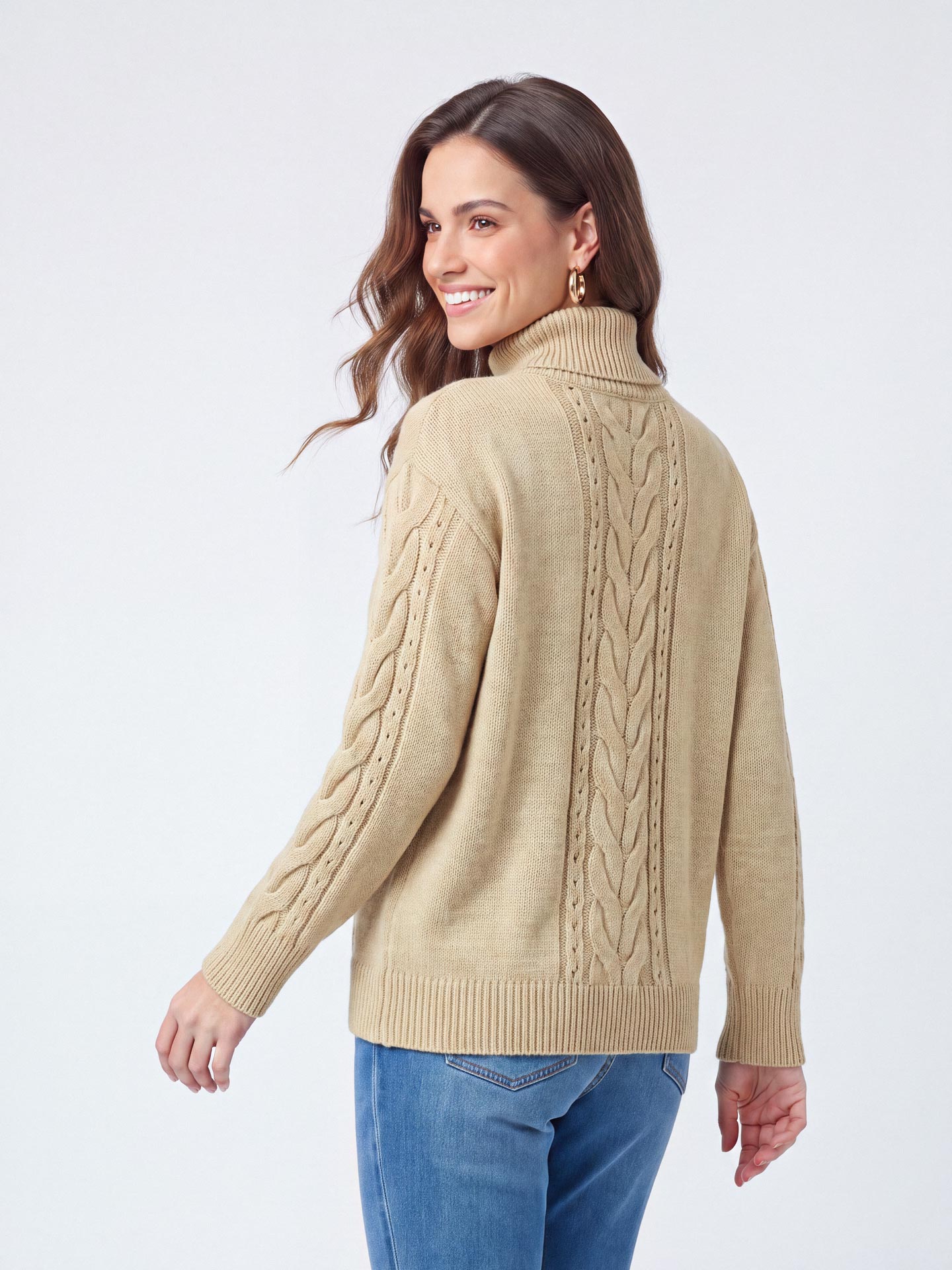 Camisola de Gola Alta em Malha com Tranças