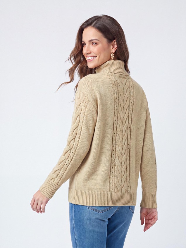 Camisola de Gola Alta em Malha com Tranças