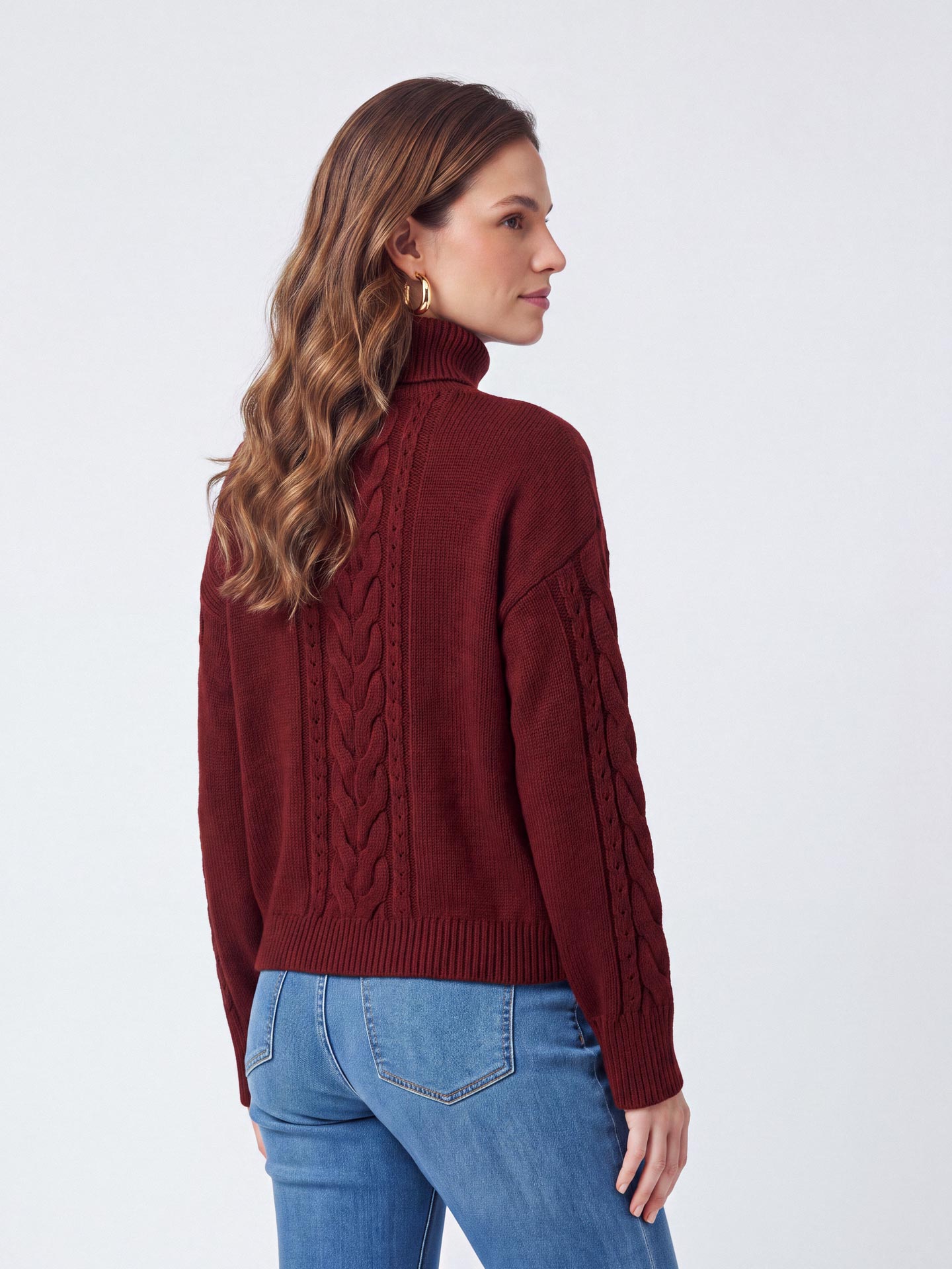 Camisola de Gola Alta em Malha com Tranças