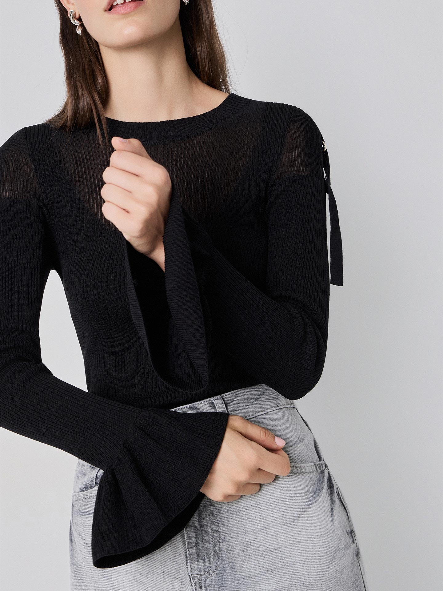 Camisola Semitransparente com Mangas de Folhos