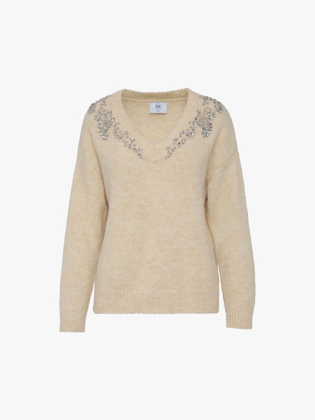 Camisola com Decote em V e Pedras Aplicadas