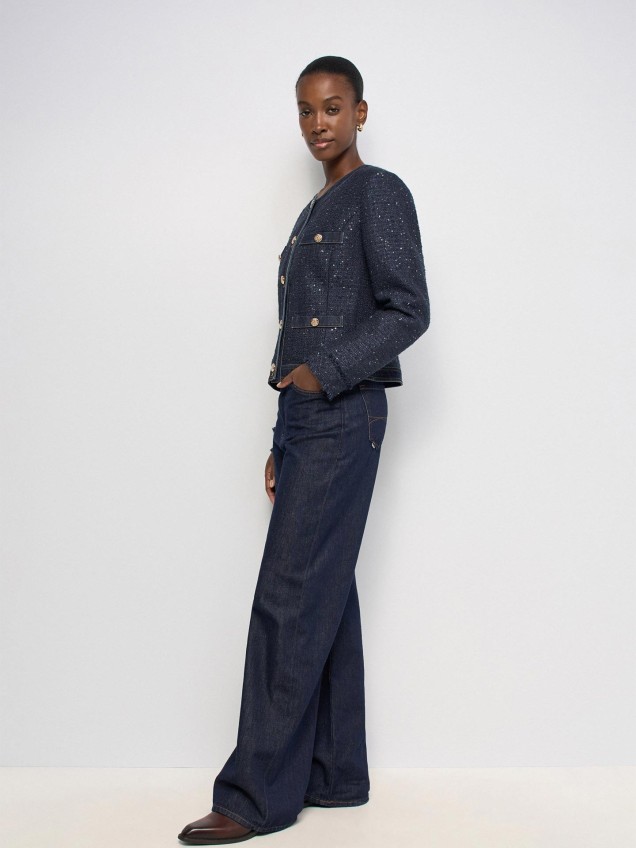 Casaco em Tweed com Detalhes em Denim